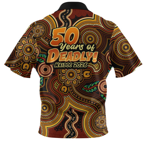 Indigenous Australian Aboriginal Zip Polo Shirt NAIDOC Week Golden Dreaming Dot Art