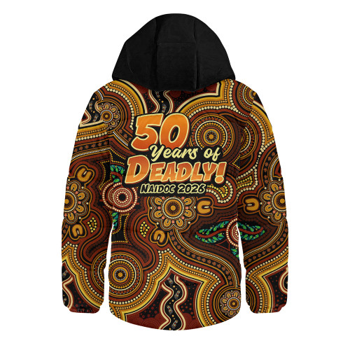 Indigenous Australian Aboriginal Hooded Padded Jacket NAIDOC Week Golden Dreaming Dot Art