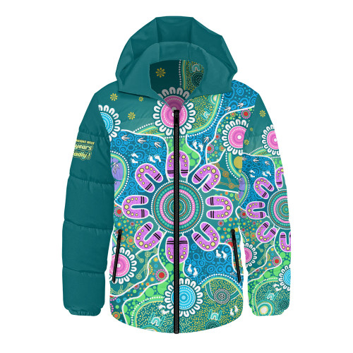 Indigenous Australian Aboriginal Hooded Padded Jacket Naidoc Sacred Tracks Culture Spirit
