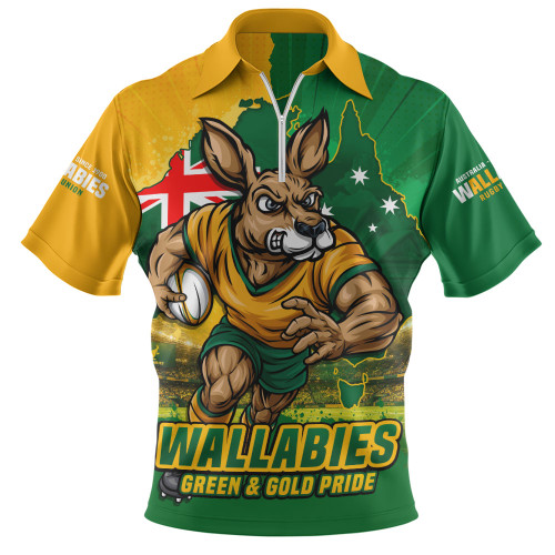 Aussie Wallabies Zip Polo Shirt Rising Green Gold Nations Championship Force