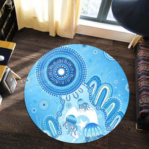 Indigenous Australian Aboriginal Round Rug Ocean Dreaming Jellyfish Tracks Pride