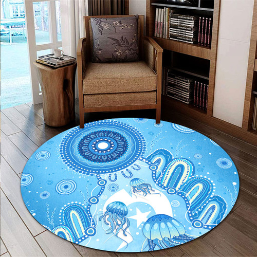 Indigenous Australian Aboriginal Round Rug Ocean Dreaming Jellyfish Tracks Pride