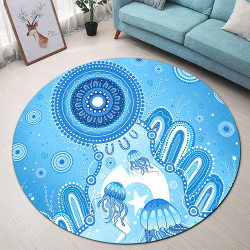 Indigenous Australian Aboriginal Round Rug Ocean Dreaming Jellyfish Tracks Pride