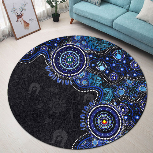 Indigenous Australian Aboriginal Round Rug Spirit Tracks Connection Through Sea Country