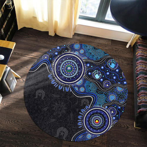 Indigenous Australian Aboriginal Round Rug Spirit Tracks Connection Through Sea Country