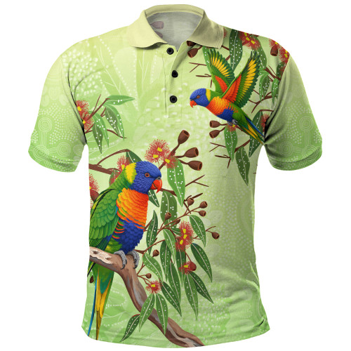 Indigenous Australian Aboriginal Polo Shirt Rainbow Lorikeets Native Leaves Floral