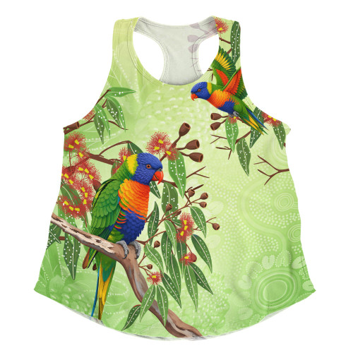 Indigenous Australian Aboriginal Women Racerback Singlet Rainbow Lorikeets Native Leaves Floral