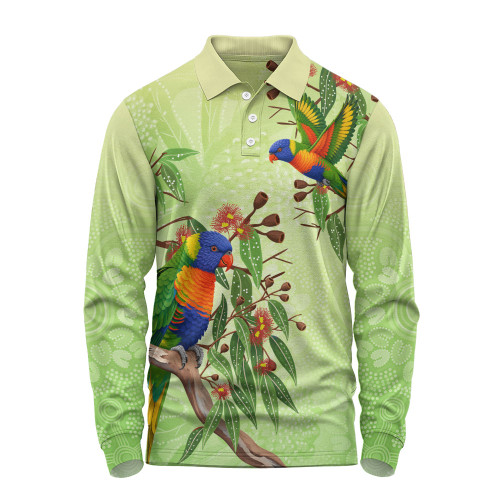 Indigenous Australian Aboriginal Long Sleeve Polo Shirt Rainbow Lorikeets Native Leaves Floral