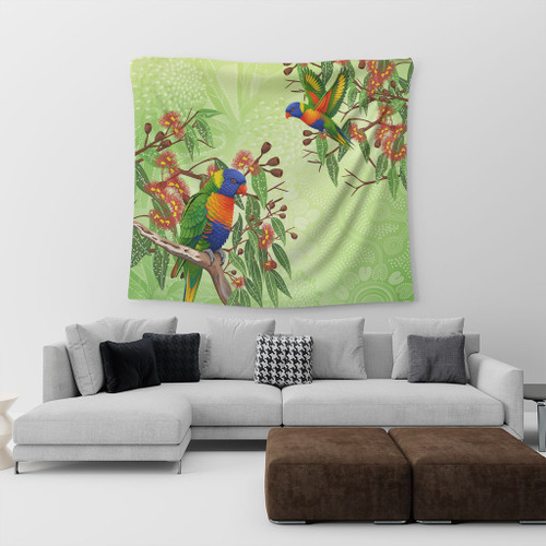 Indigenous Australian Aboriginal Tapestry Rainbow Lorikeets Colorful Nature Spirit