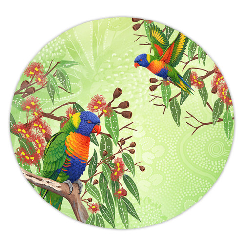 Indigenous Australian Aboriginal Round Rug Rainbow Lorikeets Colorful Nature Spirit