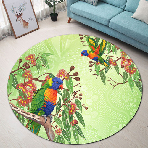 Indigenous Australian Aboriginal Round Rug Rainbow Lorikeets Colorful Nature Spirit
