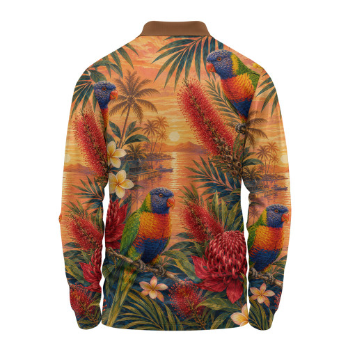Australia Long Sleeve Polo Shirt Rainbow Lorikeet Sunset Paradise