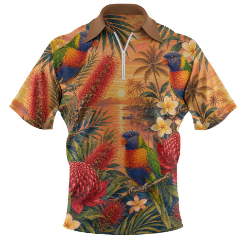 Australia Zip Polo Shirt Rainbow Lorikeet Sunset Paradise