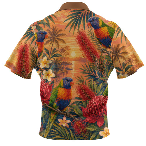 Australia Zip Polo Shirt Rainbow Lorikeet Sunset Paradise