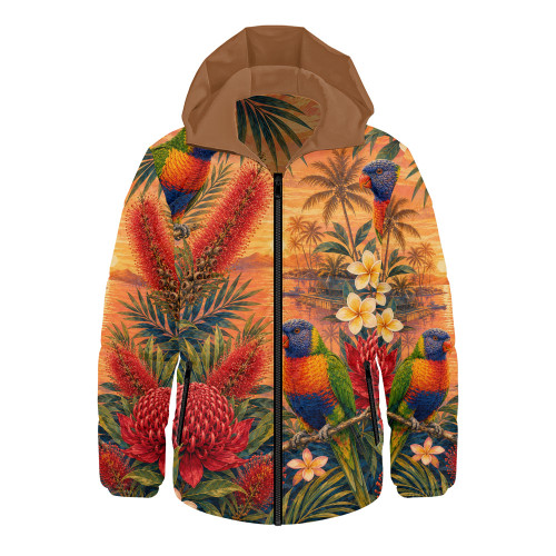 Australia Hooded Padded Jacket Rainbow Lorikeet Sunset Paradise