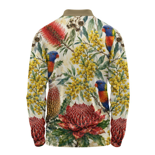 Australia Long Sleeve Polo Shirt Rainbow Lorikeet Watercolor Garden