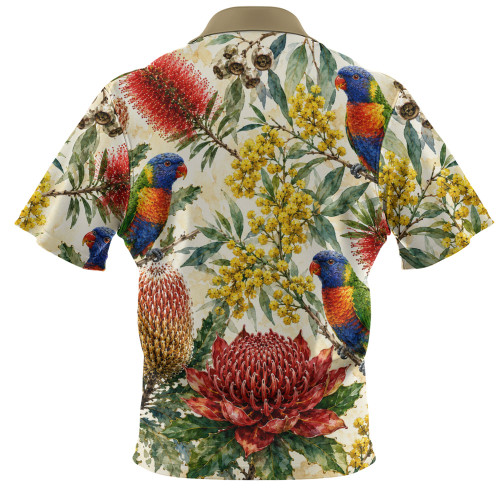 Australia Zip Polo Shirt Rainbow Lorikeet Watercolor Garden
