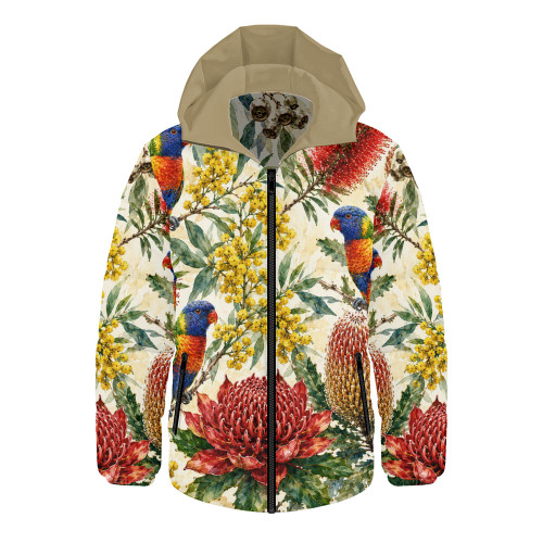 Australia Hooded Padded Jacket Rainbow Lorikeet Watercolor Garden