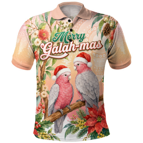 Indigenous Australian Aboriginal Polo Shirt Merry Galah-mas Festive Watercolor Botanical Garden