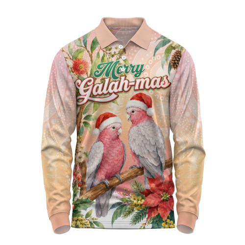 Indigenous Australian Aboriginal Long Sleeve Polo Shirt Merry Galah-mas Festive Watercolor Botanical Garden