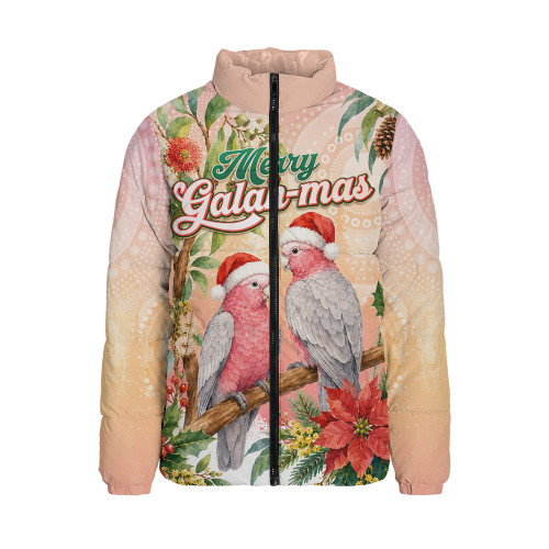 Indigenous Australian Aboriginal Padded Jacket Merry Galah-mas Festive Watercolor Botanical Garden