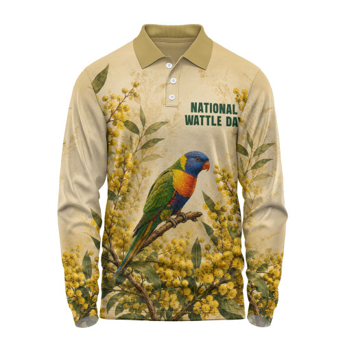 Australia Long Sleeve Polo Shirt National Wattle Day Rainbow Lorikeet Golden Garden