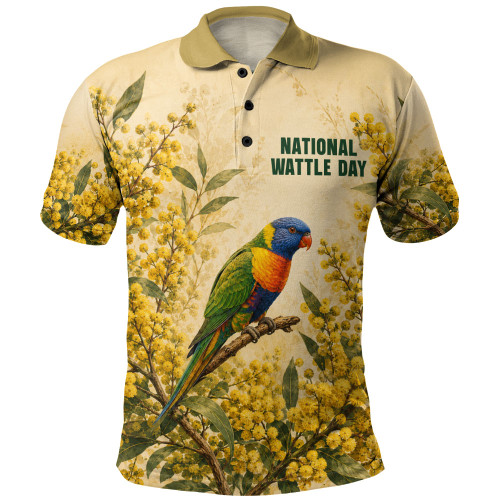 Australia Polo Shirt National Wattle Day Rainbow Lorikeet Golden Garden