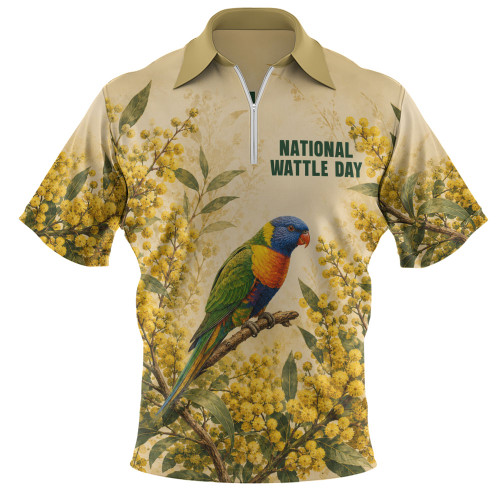Australia Zip Polo Shirt National Wattle Day Rainbow Lorikeet Golden Garden