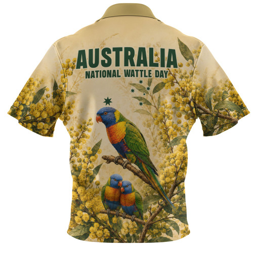 Australia Zip Polo Shirt National Wattle Day Rainbow Lorikeet Golden Garden