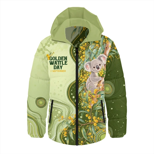 Australia Hooded Padded Jacket National Wattle Day Koala Native Floral Pride
