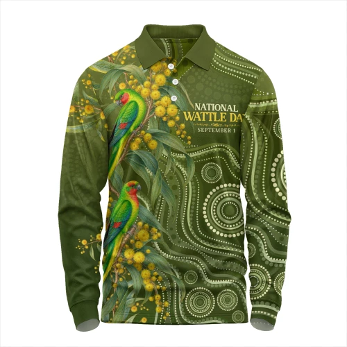 Australia Long Sleeve Polo Shirt Spring Wattle Swift Parrots Floral National Wattle Day