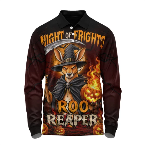 Australia Long Sleeve Polo Shirt Roo Reaper Halloween Fright Night Darkness