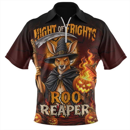 Australia Zip Polo Shirt Roo Reaper Halloween Fright Night Darkness