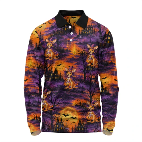 Australia Long Sleeve Polo Shirt Witchy Roo’s Haunted Trick Or Treat Night