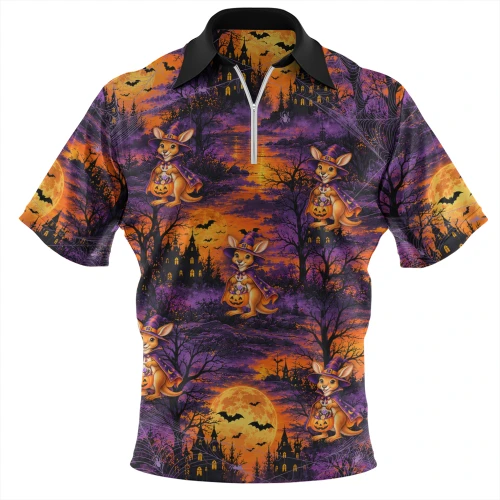 Australia Zip Polo Shirt Witchy Roo’s Haunted Trick Or Treat Night