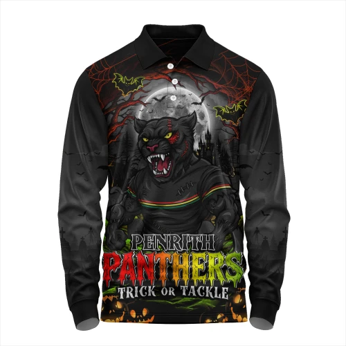Penrith Panthers Long Sleeve Polo Shirt Full Moon Monster Uprising Halloween Night