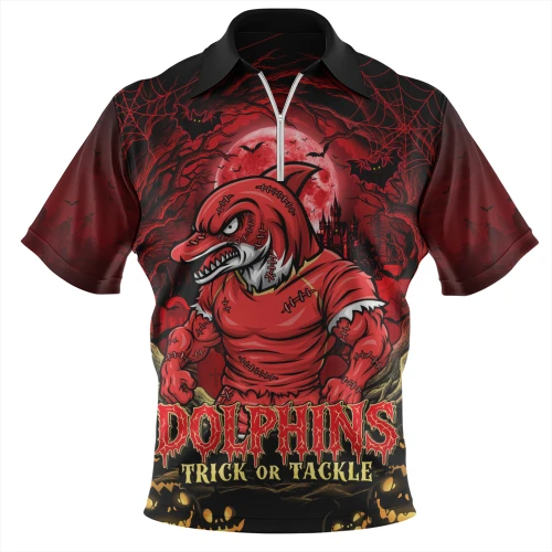 Redcliffe Dolphins Zip Polo Shirt Full Moon Monster Uprising Halloween Night