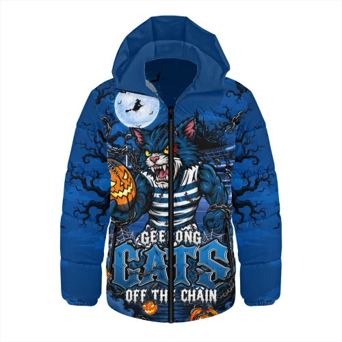 Geelong Cats Hooded Padded Jacket Off The Chain Strength Halloween Beast Rising Unleashed Fury