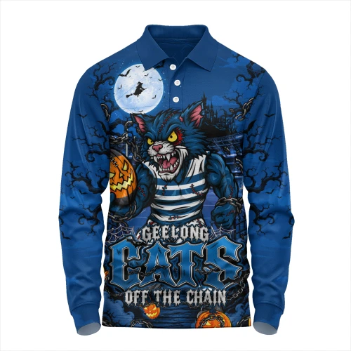 Geelong Cats Long Sleeve Polo Shirt Off The Chain Strength Halloween Beast Rising Unleashed Fury