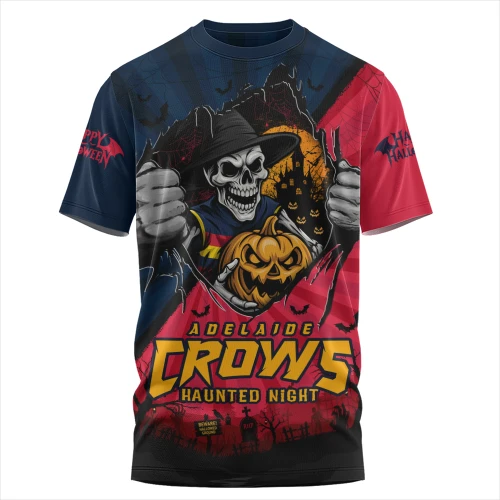 Adelaide Crows T-Shirt Skeleton Rising Through The Shadows Of Haunted Night