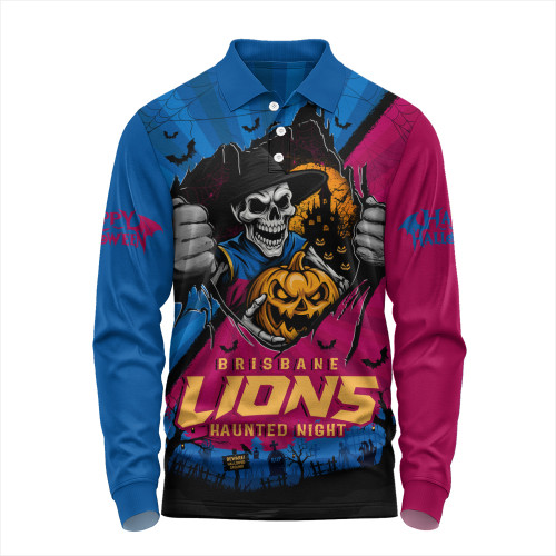 Brisbane Lions Long Sleeve Polo Shirt Skeleton Rising Through The Shadows Of Haunted Night