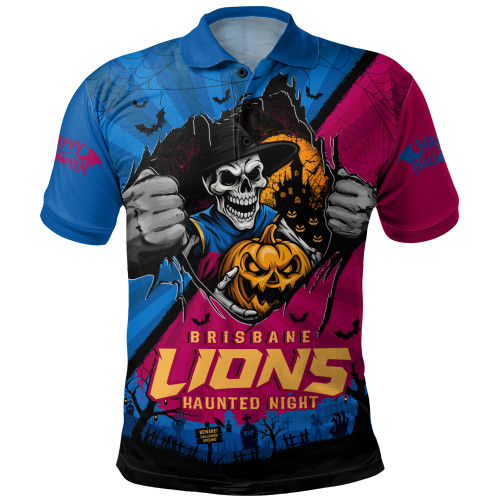 Brisbane Lions Polo Shirt Skeleton Rising Through The Shadows Of Haunted Night