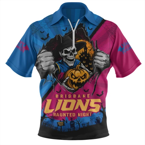 Brisbane Lions Zip Polo Shirt Skeleton Rising Through The Shadows Of Haunted Night