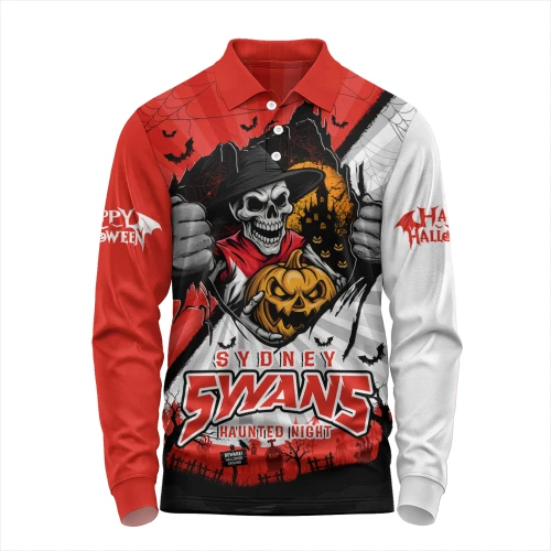 Sydney Swans Long Sleeve Polo Shirt Skeleton Rising Through The Shadows Of Haunted Night