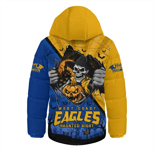 West Coast Eagles Hooded Padded Jacket Skeleton Rising Through The Shadows Of Haunted Night
