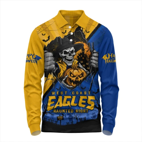 West Coast Eagles Long Sleeve Polo Shirt Skeleton Rising Through The Shadows Of Haunted Night