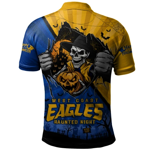 West Coast Eagles Polo Shirt Skeleton Rising Through The Shadows Of Haunted Night
