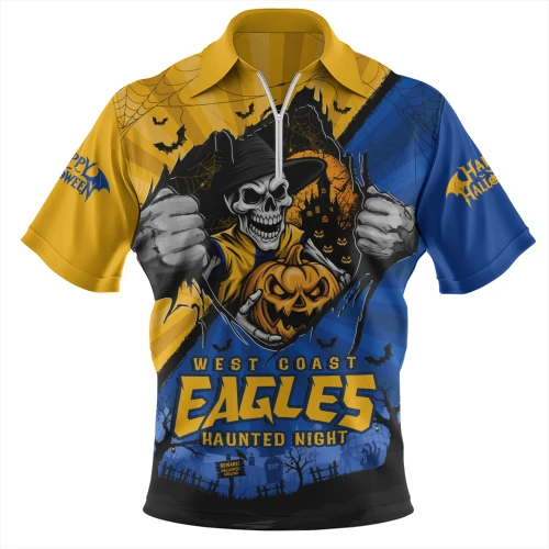West Coast Eagles Zip Polo Shirt Skeleton Rising Through The Shadows Of Haunted Night
