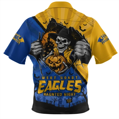 West Coast Eagles Zip Polo Shirt Skeleton Rising Through The Shadows Of Haunted Night