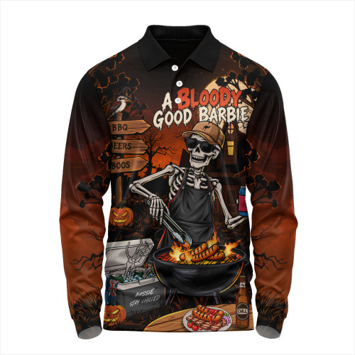 Australia Long Sleeve Polo Shirt Halloween Bloody Good Barbie Skeleton BBQ Chillin Night